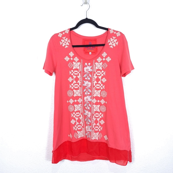 Johnny Was Tops - JOHNNY WAS Boho Embroidered Overlay Pink Blouse Tunic Top